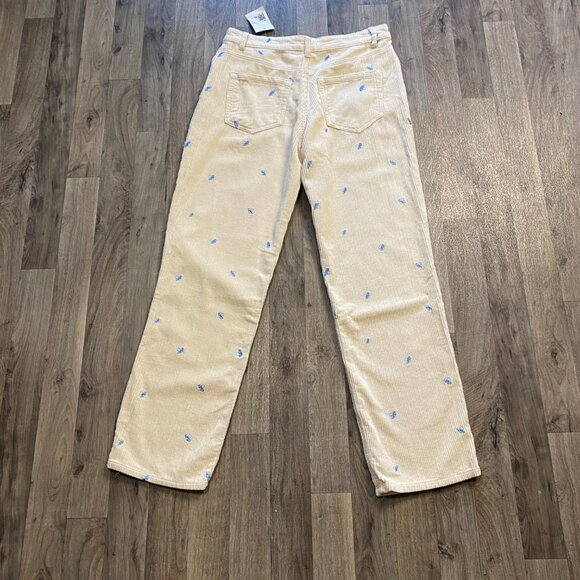 NWT Forever 21 Corduroy Trousers Cream with Blue Embroidered Mushrooms XL - Picture 3 of 7